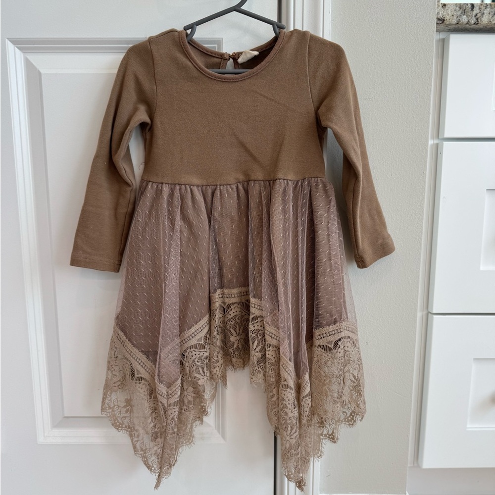 Boutique Brown and Tan Long Sleeve Stretch Dress with Delicate Lace Hem